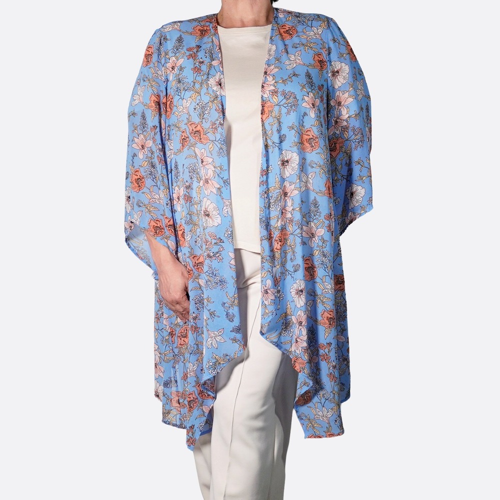 Torrid‎ Chiffon Floral Kimono Sky Blue Plus Size 1X 2X Open Front Layer
